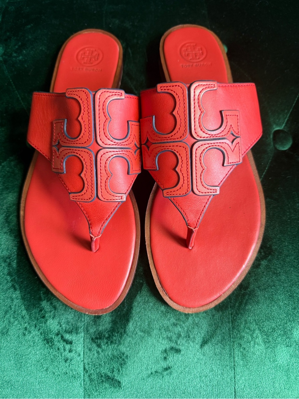 Tory Burch Jamie Full Logo Leather Sandals Coral Orange Size 9.5
